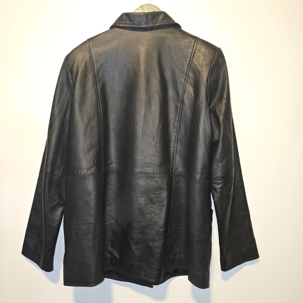 Vintage 90s Style & Co. Genuine Leather Long Waisted Black Jacket, Sz L - Picture 2 of 7
